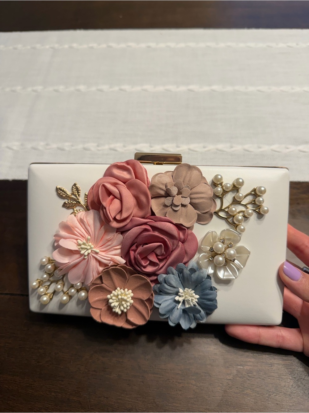 White Floral Pearl Rhinestone Evening Clutch